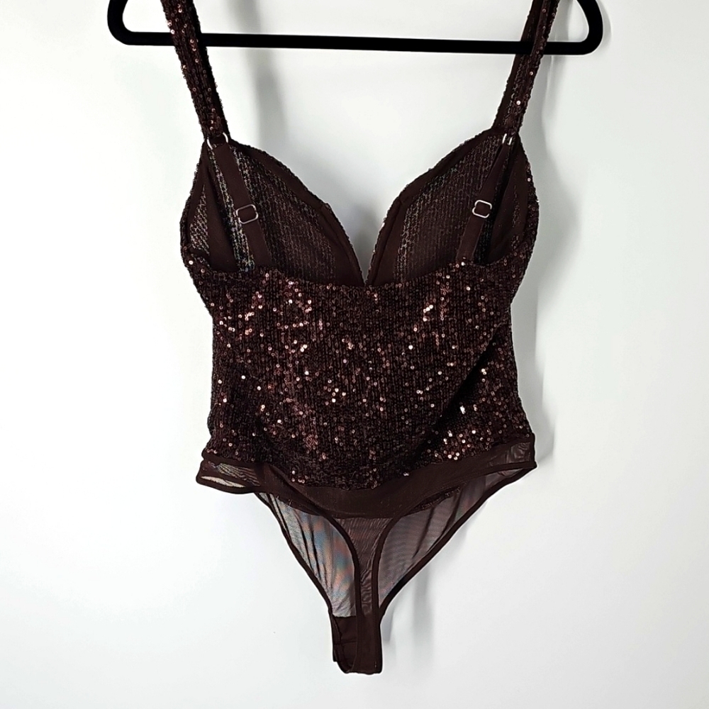 Free People Intimately Hot Cocoa Brown Sequin Sparks Fly Tank Top Bodysuit - Picture 7 of 16